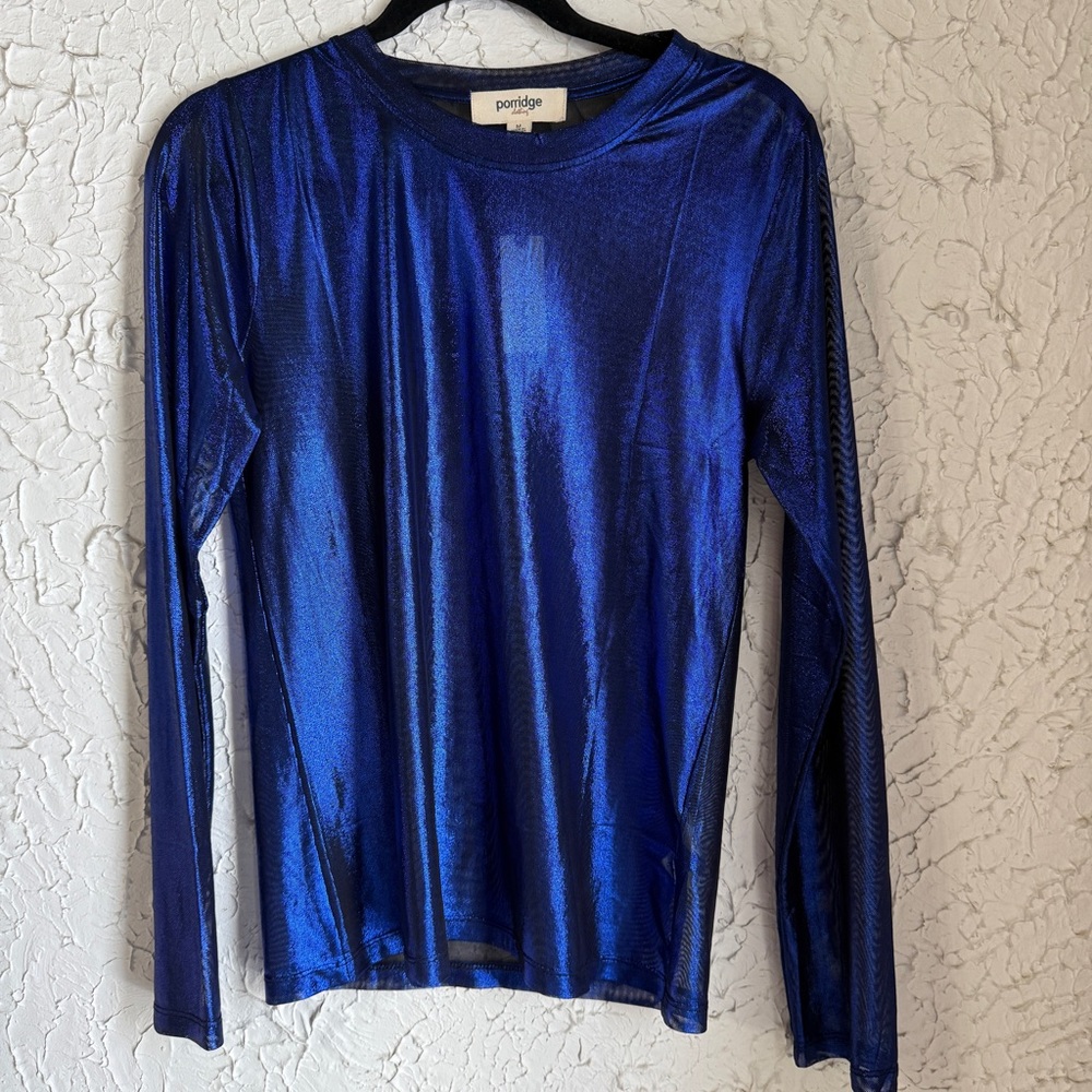 Porridge Women's Sheer Metallic Blue Long Sleeve Top